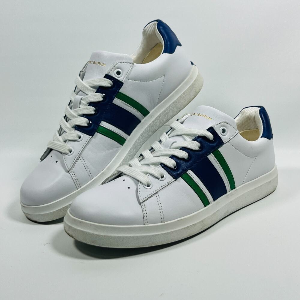 TORY BURCH Sneaker Womens 7.5M Howell T Saddle Court Leather 8913 Low Top White
